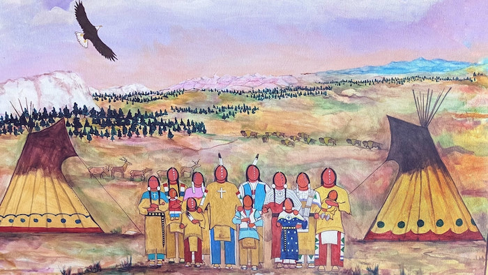 Hand painted pictoral of the Lakota People in their native land